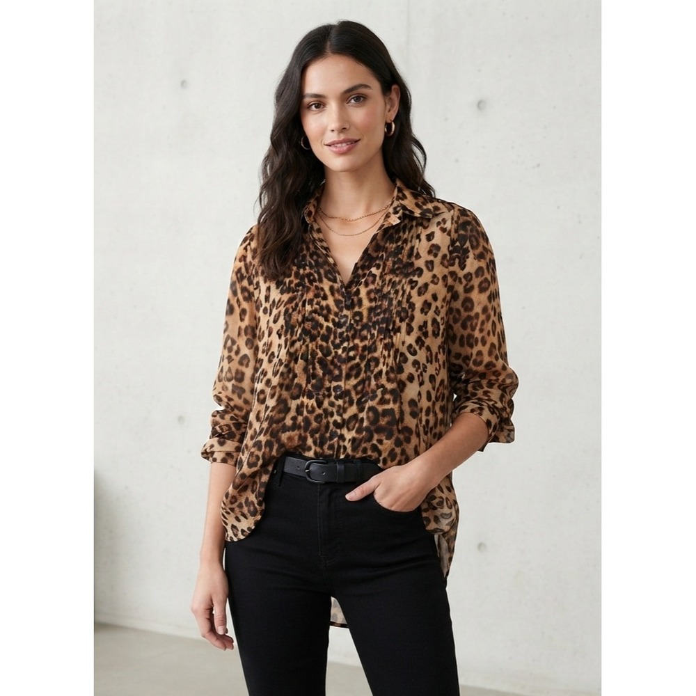 Sunday Edition Leopard Animal Print Pleated Sheer Button Down Shirt Large